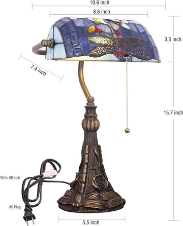 Werfactory® Banker Lamp Tiffany Desk Lamp Blue Dragonfly Style Stained Glass Table Lamp, Adjustable Luxury Memory Piano Lamp 15" Tall